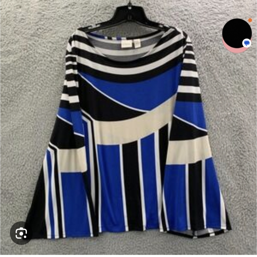 Classic Chico's Lounge Wear Black and Blue Striped Top Black Knit Bottoms Sz 1